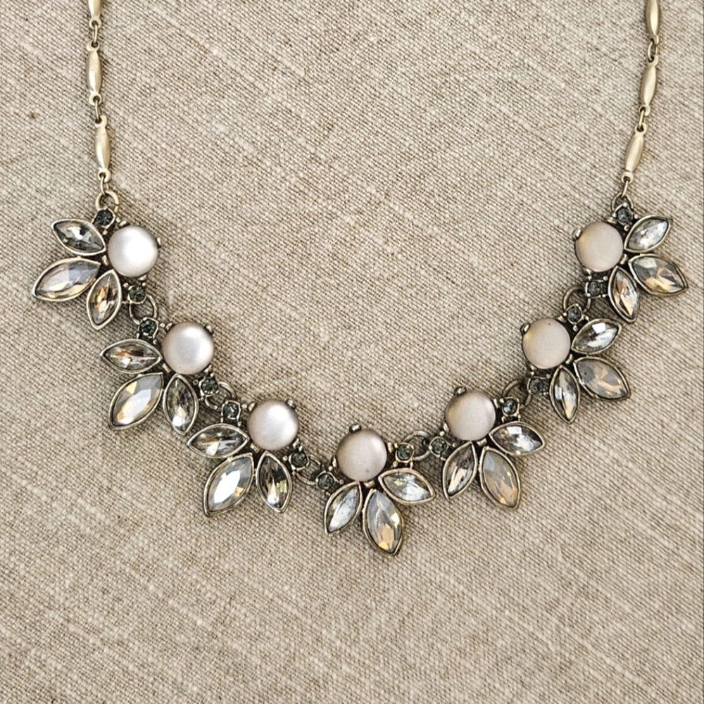 LOFT Pearl and Crystal Floral Bib Necklace in Ivory and Clear
